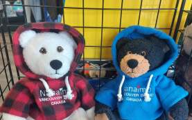 A polar bear stuffy wearing a plaid hoodie next to a black bear stuffy in a blue hoodie.