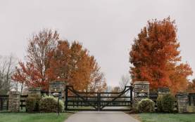 Entrance of a horse farm with stone gate, black fence, and bright red-orange leaves on the trees