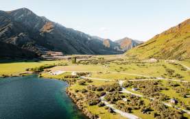 Aerial view over Moke Lake campground near Queenstown