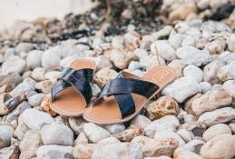 A pair of black sandals sits on some rocks by a palm tree