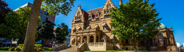 outside of the Pabst Mansion museum on a sunny day