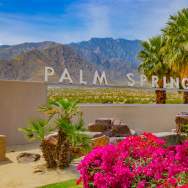 The Palm Springs sign at the forefront of a beautiful desert landscape.