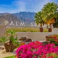 The Palm Springs sign at the forefront of a beautiful desert landscape.