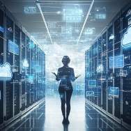 A person walking down a hallway with icons representing a digital ecosystem floating around them.