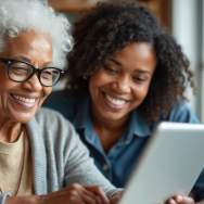 An elderly woman looking at a tablet with a younger woman, representing digital accessibility issues.