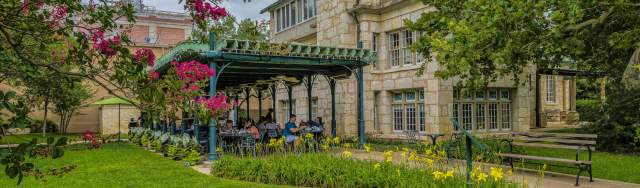 Historic building with patio seating