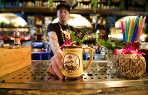 Mobile Tiki week drink served by Trader Roy in The Haberdasher bar