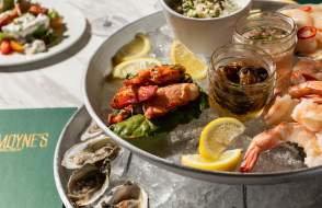 Poached lobster tails, shrimp, smoked fish dip,oysters, West Indies salad, scallops crudo with an assortment of sauces and créme fraiche.