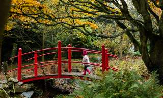 Child in bobble hat and pink coat crossing a bridge at Batsford Arboretum