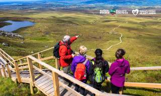 Group of walkers looking out over the landscape from the boardwalk at Cuilcagh Mountain.