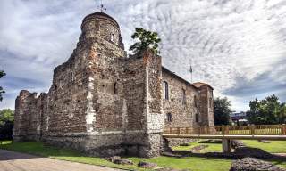 A large brick Castle photographed from a corner with a brick rotunda and tree growing from the roof clearly visible in the foreground.