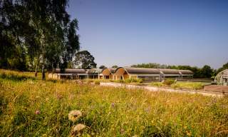 A grassy meadow with a view of the buildings of the Millenium Seed bank, Wakehurst