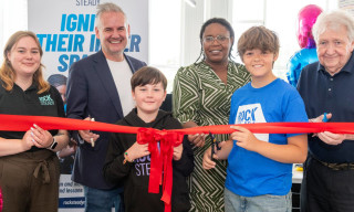 L-R Elise Fry, Scott Monks, Merlin, Sharon Thompson, Archie, Jim Simpson at the ribbon cutting launch event of Rocksteady in the Jewellery Quarter.