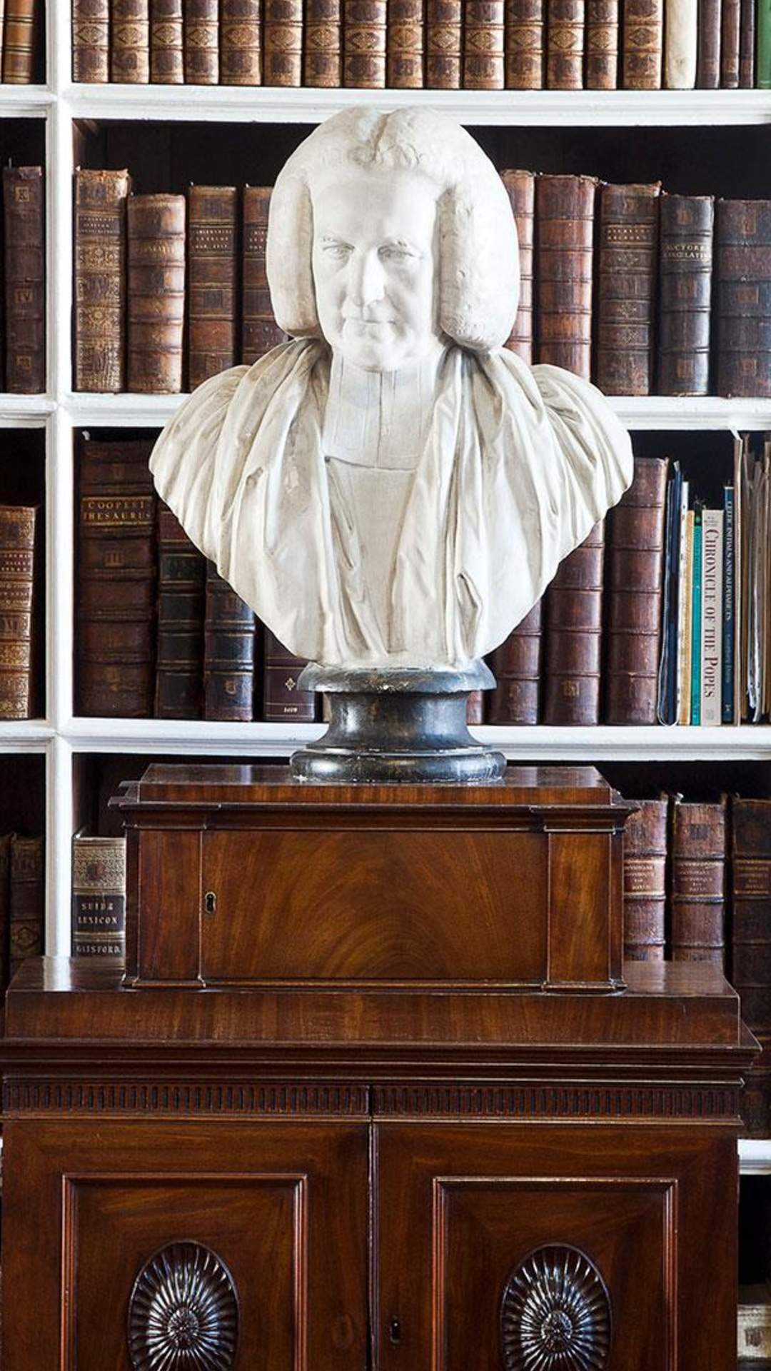 Bust on display in the Armagh Robinson Library with a row of books behind it