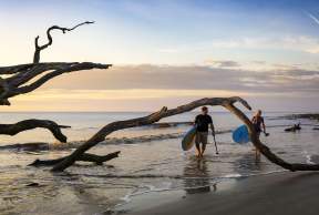Paddleboarding along Driftwood Beach on Jekyll Island is especially popular during sunrise