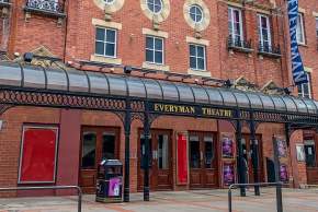 Everyman Theatre Cheltenham exterior view, showing entrance doors to the theatre on Regent Street, Cheltenham.
