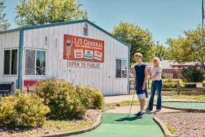 Family playing mini golf