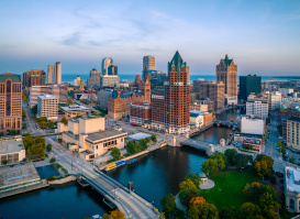 bird's eye view of Milwaukee river and skyline
