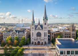 drone photo of Gesu Church on the Marquette University campus