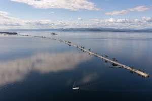 Aerial view of the Causeway and Lake Champlain