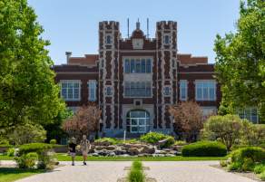 Exterior photo of the front of Pioneer Hall on the campus of Kansas Wesleyan.