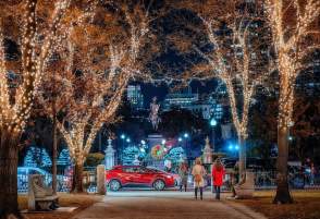 People on the Commonwealth Ave Mall walking the Holiday Lights Trail