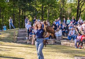raptor center employeee standing in front of crowd with eagle