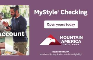 Six people standing around a cake with candles on it and party hats clapping an cheering. Over top of the photo it says My Celebration account. On the side it says MyStyle Checking, open yours today, Mountain America Credit Union, Insured by NCUA. Membership required - based on eligibility.
