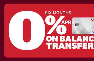 Red background with black border that has white text that says "six months 0% APR on balance transfers." Mountain America Credit Union logo and test that says "Get Details. Loans on approved credit. Membership required -- based on eligibility. Terms, conditions and exclusions apply."
