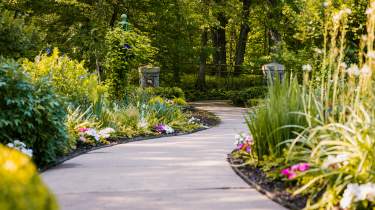 A flower-lined pathway throughout the Overland Park Arboretum & Botanical Gardens