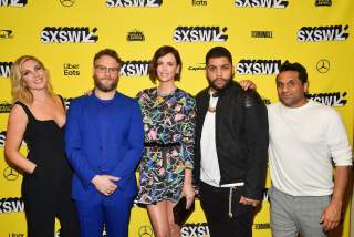L to R June Diane Raphael and Seth Rogen and Charlize Theron and O Shea Jackson Jr and Ravi Patel Long Shot Red Carpet Premiere at SXSW Film 2019