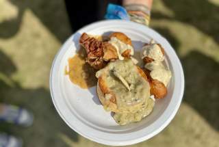 Patton's Caterers Combo Plate featuring Crawfish Sack, Oyster Patty and Shrimp Beignets - Jazz Fest