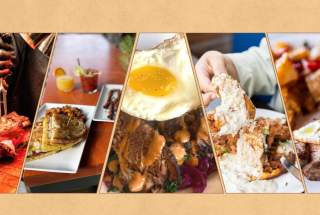 collage image of six brunch dishes on yellow background