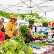 People enjoying stands at the Clarksville Farmers Market.