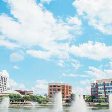 City Center skyline with fountains and clouds in the sky