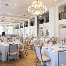 Ballroom with set tables at the Yorktowne Hotel