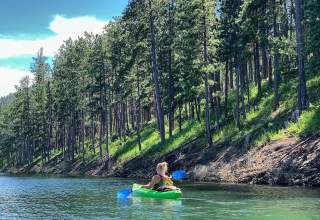 A woman kayaks near the edge of lake in the Black Hills as ponderosa pines tower to the sky on a hillside offshore.
