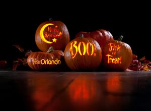 Pumpkins with Visit Orlando logo, Happy Halloween, Boo and Trick or Treat carved on them