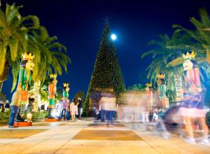 Holiday decorations along a path leading to a Christmas Tree at Lake Eola.