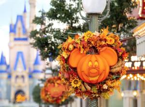 A Mickey Mouse shaped pumpkin decoration at Magic Kingdom.