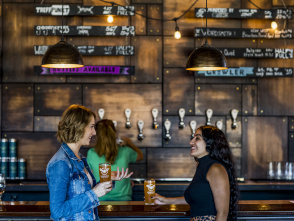 friends talking at bar with beer