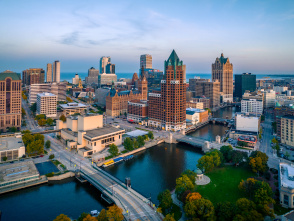 bird's eye view of Milwaukee river and skyline