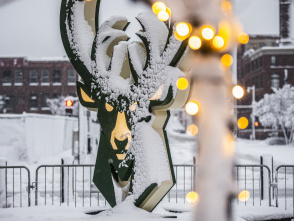 statue of the Milwaukee Bucks logo in snow with holiday lights