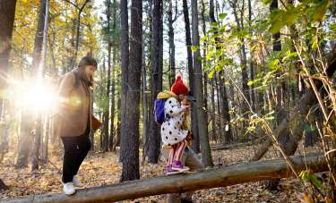 A woman walks along a log following her child while hiking in the fall woods