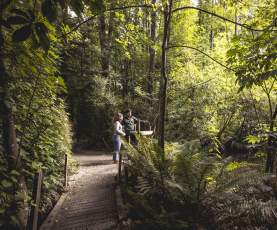 Two people surrounded by native bush at the kiwi park