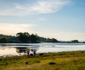 Two people walk their dogs along the shoreline at Pipers Lagoon during sunset with calm water and small islands in the distance.
