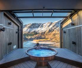 Woman relaxing in Onsen Hot Pools in Winter