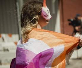 Person dressed in a lesbian pride coloured cat mask, while holding a the lesbian flag over their shoulders.