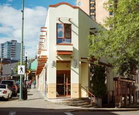 A narrow corner building.