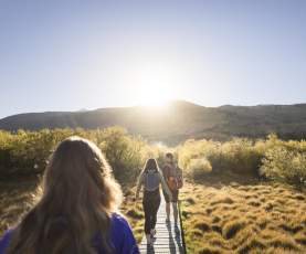 Photo from the point of view walking along the Glenorchy walkway with mountains and the rising sun ahead